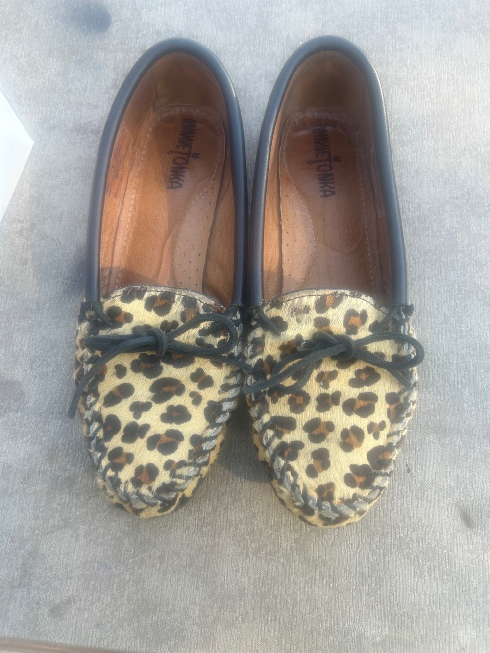 Minnetonka Leopard Print Moccasins with Black Trim